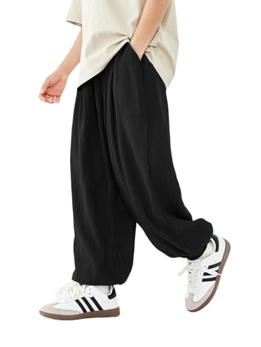 Irsutey Boys and Girls Solid Color Elastic Waist Thin Leg Tight Pants Summer Loose Breathable Casual Pants with Pocket