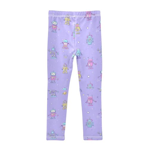 Cute Robot_Pattern Space Purple Girls Leggings Kids Yoga Pants Dance Active Tights 4T2