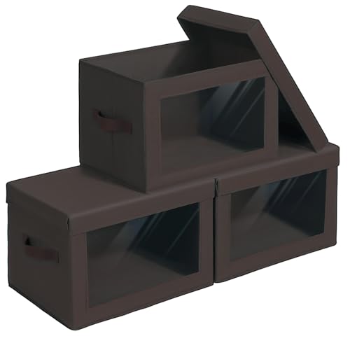 Image of Homsorout Stackable Storage Bins with Lids - Large Storage Box with Lids, Foldable Closet Boxes for Organizing, Wardrobe Clothes Organizer with Window, Cubes Bins for Living Room, 3 Pack, Brown