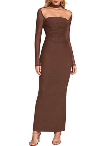 KUTUMAI Fall Long Sleeve Corset Halter Formal Wedding Guest Dresses for Women Elegant Bodycon Ruched Slit Maxi Dress