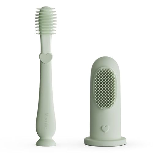 Moonkie Set de Higiene Bucal para Bebé, Cepillo Manual + Dedales de Silicona, Limpiador Dental sin BPA, para Limpiar Dientes y Lengua, para 3 Meses+ (Menta)