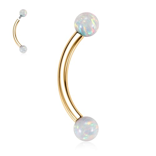 Gagabody 6Mm Eyebrow Rings Eyebrow Piercing G23 Titanium Eyebrow Jewelry White Opal Belly Button Rings Round Ball Shape 1/4 Inch Eyebrow Piercing Jewelry Gold Curved Barbell 16G Rook Daith Earrings Lip Ring cover