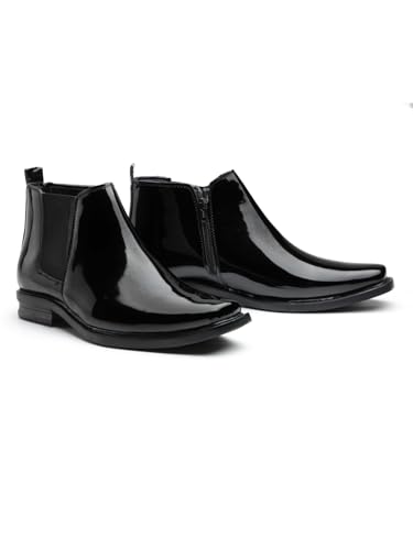 Image of Men's Stylish Vegan Leather Chelsea Boots with Side Zipper & Elastic Panel, Square Toe Ankle Boot (Tan /Black /Brown)