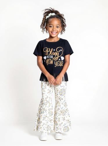 Image of Unique Baby 2 Piece Girls Bell Bottom Leggings Outfit with Short Sleeved Shirt Kid and Toddler Clothes Set