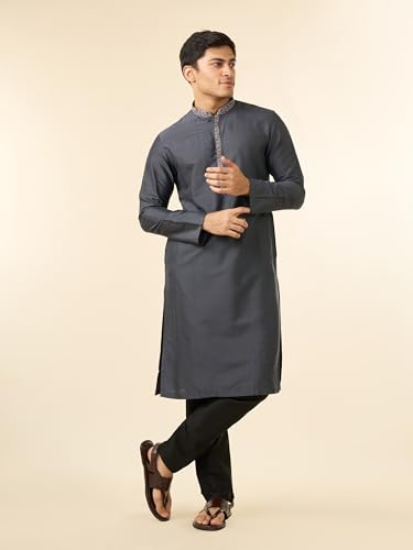 Image of DIWAS BY MANYAVAR Men's Viscose Blend Solid Neckline Floral Embroidery Kurta (1pc)