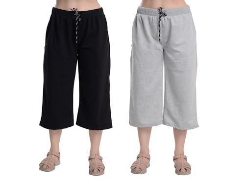Image of Women's Cotton Plain Capri Pants, Loose Yoga Pants, Nightwear for Women