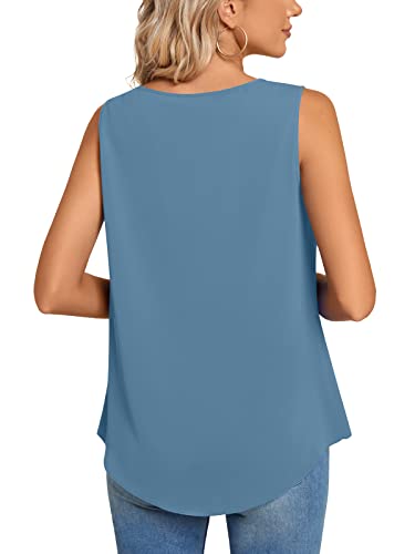 Syoss Women's Dressy Casual Summer Chiffon Blouses Round Neck Pleated Keyhole Tank Tops Sleeveless Loose T Shirts Xxl, 1-Blue #TOP3