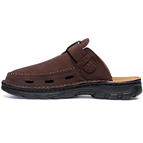 Jebuktxe Mens Clogs Summer Leather Sandals Closed Toe Garden Clogs Shoes Indoor Outdoor Slip-On Mules Wide Dark Brown Size 42 #TOP1