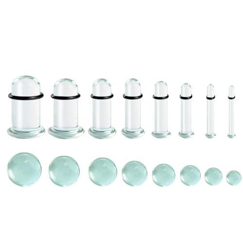 Atomhole 8 Pairs/16Pcs 14G-00G Glass Ear Gauges Stretching Kit Short Taper Expander Plugs Solid Tunnels Body Piercing Jewelry Set