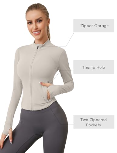 IECCP Sportjacke Trainingsjacke Damen Laufjacke Leichte Dünne Jacke Gym Activewear Sport Kleidung Frauen Sportklamotten Eng Yoga Sportswear Elfenbeingrau M