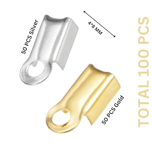 Image of Fold Over Crimp Cord Ends for Jewellery Making, Cord End Caps for DIY Necklace and Bracelet Making Gold and Silver 4 x 8 mm 100 Pieces (50 Gold + 50 Silver)