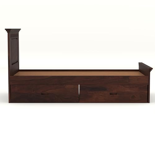 Image of Solid Sheesham Wood Single Size Bed with 2 Drawer Storage Wooden Single Cot Bed for Home Living Room Bedroom Guest Room Hotel (Walnut, Size 6 * 3)