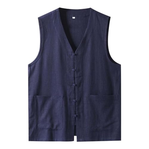 Men's Summer Tank Tops Lightweight Linen V Neck Vest Comfortable Casual Wear Large Size Stylish Jacket Tang (Blue, L)