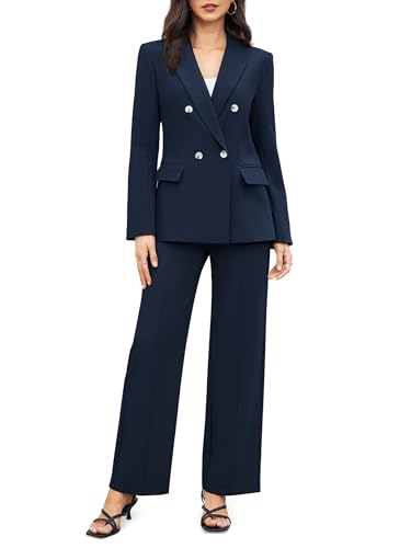 Women's 2 Piece Business Casual Outfits Double Breasted Blazer Dressy Wide Leg Work Pants Suits Set