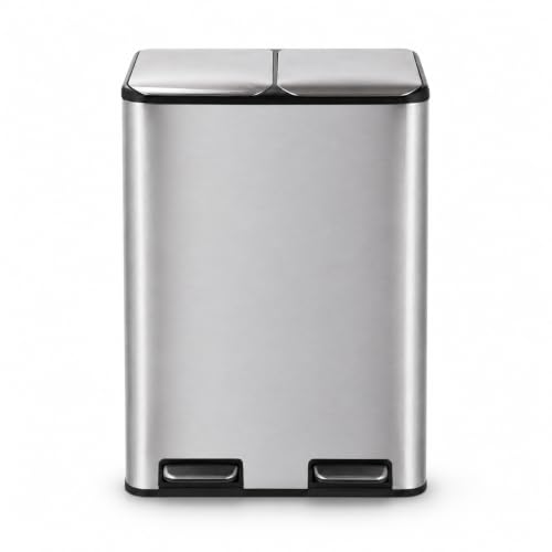 Image of Home Zone Living 16 Gallon Kitchen Trash Can with Dual Compartments for Recycling, Stainless Steel, Silver, 60 Liters Total