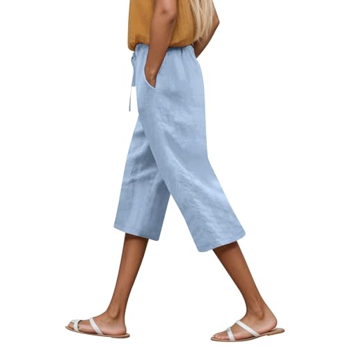 Women's Casual Linen Pants High Waisted Elastic Drawstring Lightweight Loose Wide Leg Cropped Trousers (Light Blue, XL)
