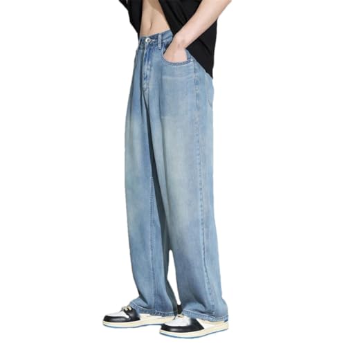 Men's Summer Thin Denim Jeans Loose Fit Straight Leg Elastic Waist Korean Style Casual Trousers