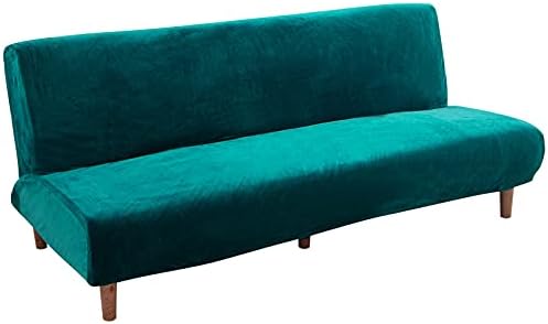 Futon Slipcover Armless Folding Sofa Cover Velvet Stretch Elastic Washable Couch Sofa Furniture Protector for Futon Moving Sofa Bed Without Armrests (Teal Green)