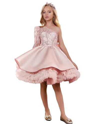 TIANMEI Flower Girls Dresses for Wedding Satin Lace Beaded Tulle Tiers Pageant Birthday Dress Kids Sequin Prom Ball Gowns