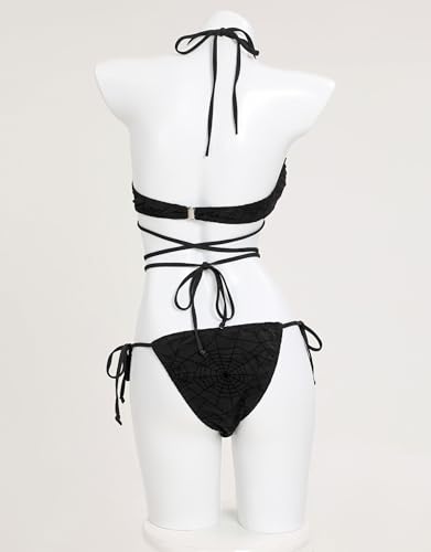 Meowcos Women's Bikini Sets Gothic Bathing Suit Flocked Spider Web Two Piece Swimsuit3