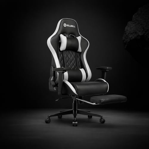 Image of CELLBELL Shadow FT Ergonomic Gaming Chair with Footrest Premium PU Leather 4D Armrests 180 Degree Recline Class 4 Hydraulic Tilt Lock Diamond Design Heavy Duty Base 60mm Wheels (White)
