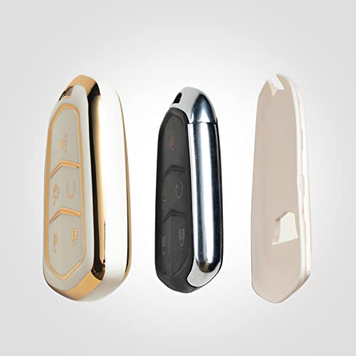 Sinlakua Key Fod Cover Compatible With Cadillac Ats Srx Ct6 Cts Xt5 Xts Escalade Esv Smart 5 Button Soft Tpu Smart Keyless Entry Key Fob Case Accessory With Leather Keychain,White #TOP3