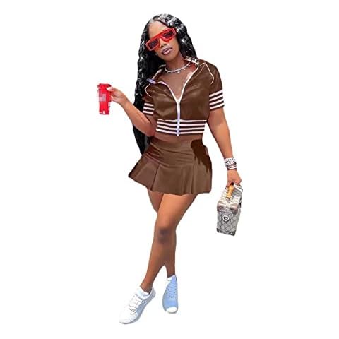Aladeno Women Sexy 2 Piece Outfits - Short Sleeve Zipper Crop Top Sport Mini Skirt Set Baseball Jackets Tracksuits, Brown, Large Cover