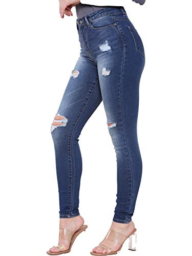 Image of 989Zé ENZO Womens Ripped Skinny Jeans Ladies Distressed Stretch Denim Pants with Pockets EZL417 MID Blue 16