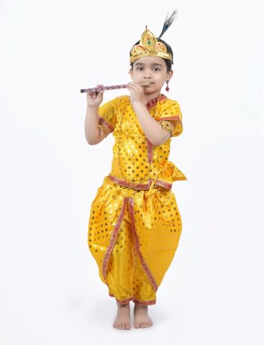 Image of BookMyCostume Shri Krishna Kanha Kanhaiya Polka Dots Kids Fancy Dress Costume 10 Pcs Set with Accessories 14-16 Years /Adult S,Golden /Yellow,Polyester