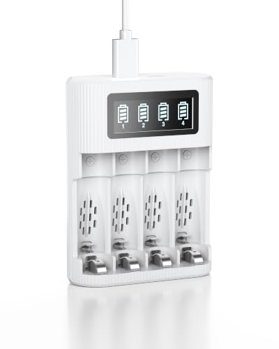 EBL FY-409 LCD Cargador de Pilas para Pilas Recargables AA AAA Ni-MH, Puerto Micro USB/Tipo C & 4 Ranuras Independientes