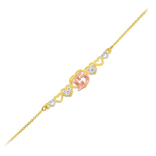 14K Tri Color Gold White Cubic Zirconia Sweet 15 A os Milgrain Quinceanera Hearts Cable Chain Bracelet - 7 with 1/2