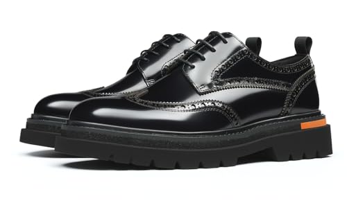 Santimon Men's Formal Dress Shoes Wingtip Brogue Lace-Up Oxfords with Chunky Sole - Glossy Genuine Leather Derby for Casual Business Prom Wedding