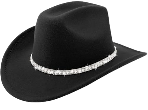 DRESHOW Western Cowboy Hat for Women and Men Wide Brim Glitter Cowboy Cowgirl Hat with Rhinestone Felt Fedora Hats Unisex Rolled up Caps