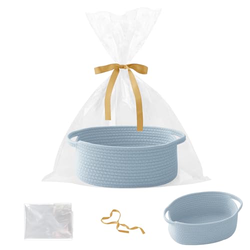 Image of Blue Woven Rope Basket - Baby Gift Basket with Bag & Ribbon