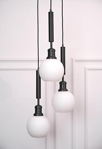 Image of Divine Trends Triple Globe Hanging Pendant Light Black Polished with Frosted Milky White Glass | Hanging Lamp for Living Room | Chandelier Ceiling Lamp - Pack of 1