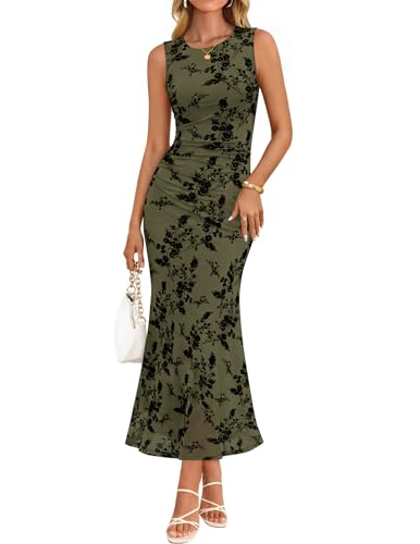 ZESICA Women's Sleeveless Floral Bodycon Maxi Dress 2026 Summer Ruched