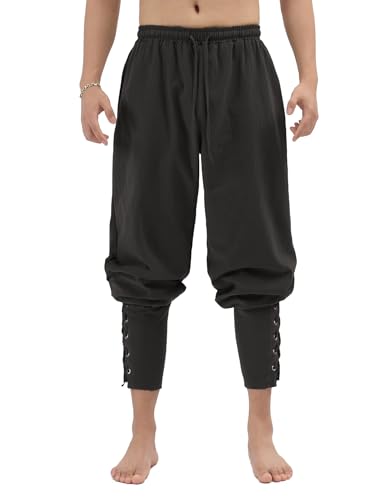 Men's Cotton Linen Renaissance Ankle Banded Pants Retro Medieval Viking Navigator Pirate Trousers