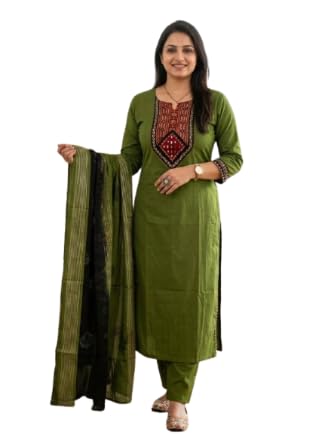 Women Pure Cotton Embroidery Applique Straight Kurti with Pant & Dupatta Set Dabu Cotton Kurta Set with Mal Dupatta – Mirror Work Ethnic Wear-picture-48