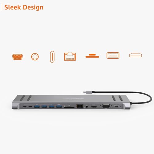 Image of Amazon Basics 13-in-1 USB-C Hub Docking Station with HDMI, VGA, PD 3.0, 4 USB Ports, 2 USB-C Ports, 10 /100M Gigabit Ethernet, and Laptop Stand for MacBook, iPad, Surface Pro, and Windows Laptops