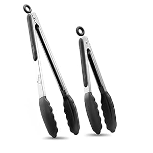 HOTEC Premium Stainless Steel Locking Kitchen Tongs with Silicon Tips, Set of 2-9″ and 12″