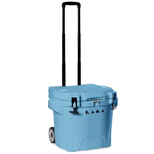 Image of Laka Cooler with Wheels - 30QT Rotomolded Insulated Rolling Hard Cooler, Telescoping Handle, Holds 24 Cans + Ice, Up to 7 Days Cold, Drain Plug, Cup Holders + Bottle Opener, Beach /Camping /Boat