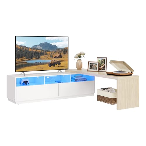VASAGLE TV Stand with Power Outlet, Adjustable Length 63.8-106 Inches, Modular L-Shaped TV Console Table, LED Light, Fits Large Screen TV, for Living Room, Cloud White and Natural Beige ULTV