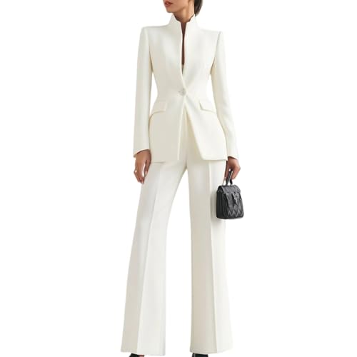 Damen Business-Anzüge Eleganter Hochkragen-Blazer Breitbeinige Hosen Set Business-Casual-Outfits Professionelle Büroarbeits-Sets, weiß, S