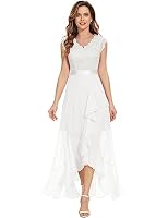 AOCZZ Damen Elegant Abendkleider Hochzeit V-Ausschnitt Cocktailkleid Maxi Lang Brautkleid Standesamt Weiß M