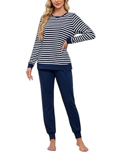 Breampot Schlafanzug Damen Lang Pyjamas Baumwolle Rundhals Nachtwäsche Set Winter Freizeitanzug Schlafanzüge mit Bündchen (Dunkelblau, Medium)