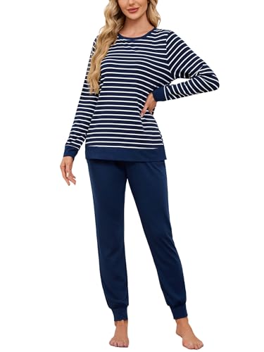 Breampot Schlafanzug Damen Lang Pyjamas Baumwolle Rundhals Nachtwäsche Set Winter Freizeitanzug Schlafanzüge mit Bündchen (Dunkelblau, X-Large)