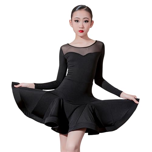Langärmliges Latein-Kleid für Mädchen, Rundhalsausschnitt, Schwarz, Moderne Lateinamerikanische Tanzkleider, Big Swing, Lateinamerikanische...