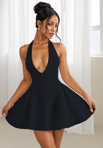 Tbahhir Women Bubble Mini Dress, Sleeveless Halter Deep V Neck Short Dresses Backless Sexy A-Line Club Party Outfits2