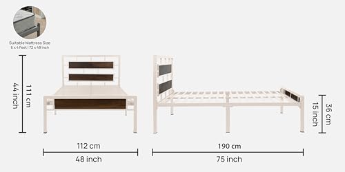 Image of Zeek Metal Single Size Bed Without Storage | Wrought Iron Single Bed with Headboard & Footboard| Sturdy Powder Coated Platform Cot for Bedroom, Living Room, (Zeek Ivory)
