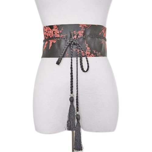 Womens Kimono OBI Belt Japanese Style Embroidered Wide Waistband Kimono Sash Wide Corset Waist Belt Flower Embroidered Waist Belt Tassel Bow Tie Belt3